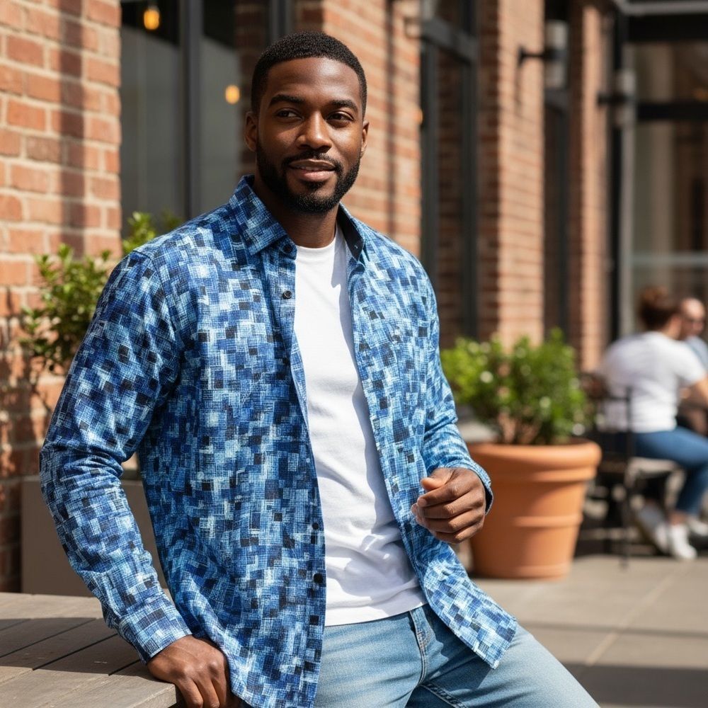 ⚫️⚫️⚫️ Luchiano Visconti Black Geometric Blue Print Long Sleeve Button Down